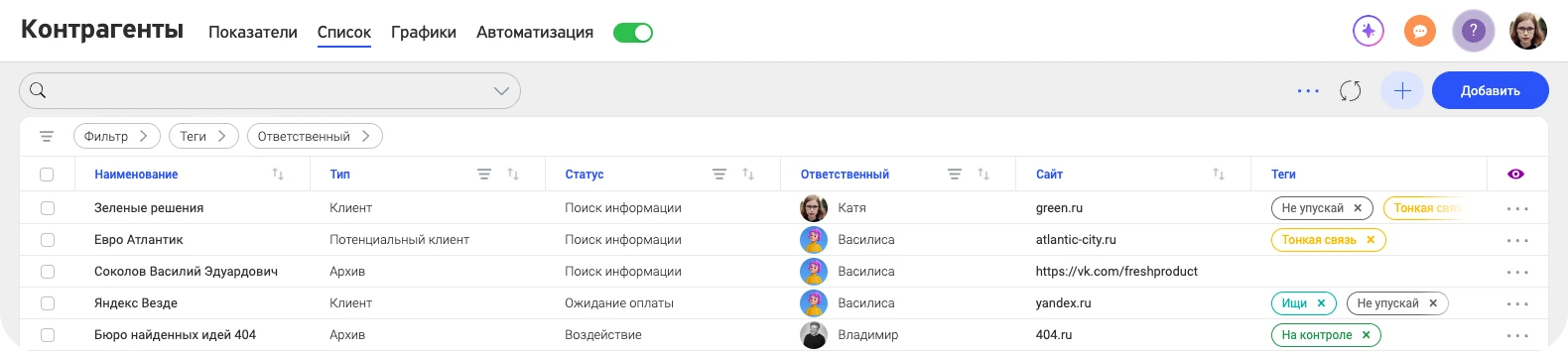 Список контрагентов: поиск, фильтры, колонки таблицы и розовый глаз справа