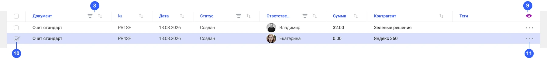 Шапка таблицы документов: фильтры и сортировка колонок, розовый глаз, чекбоксы строк и меню записи